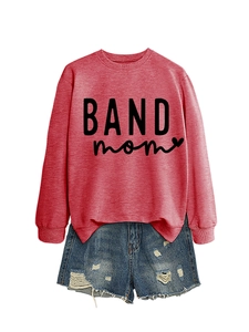 Detail of red heather sweatshirt with BAND mom print and frayed denim shorts