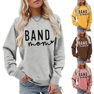 Women Casual Crewneck Sweatshirt Letter Band Mom Heart Print Cotton Blend Long Sleeve Loose Fit Pullover Tops For Autumn Winter