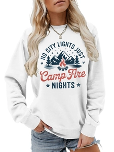 Detail of white crewneck sweatshirt with mountain and campfire graphic print design