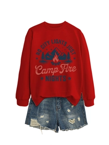 Detail of red crewneck sweatshirt with No City Lights Just Camp Fire mountain graphics