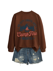 Detail of coffee brown sweatshirt with outdoor camp fire graphic and crew neck design