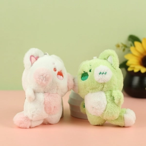 Detail of plush cat keychain with soft fabric, embroidery face and metal bead chain