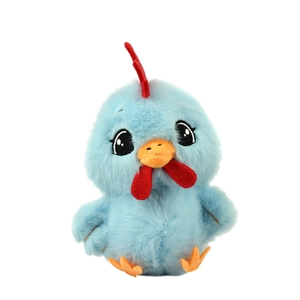 Cute light blue plush chicken keychain with red comb and soft faux fur texture