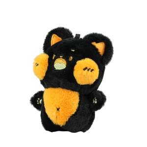 Cute black and orange plush cat keychain toy with detailed embroidery on a white background
