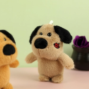 Cute brown plush dog keychain with red lip print and floppy ears for bag charm