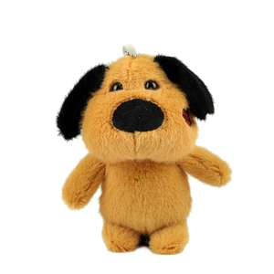 Cute yellow plush dog keychain with black long ears and a silver bead chain for bags