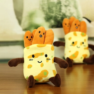 Cute food-shaped plush keychain with smiling hot dog character and soft yellow fabric