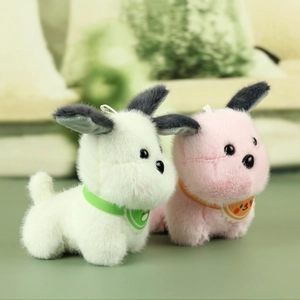 Detail view of two plush dog pendants with soft faux fur and cute colorful bib collars