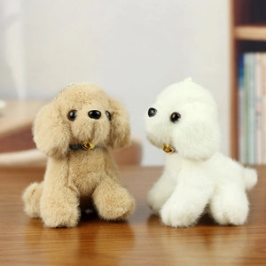Cute teddy dog plush keychain pendants with gold bells and silver chains in brown and white