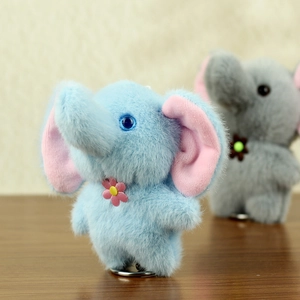 Close-up of plush elephant keychain with soft faux fur and delicate floral detail
