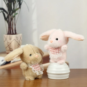Cute plush bunny pendants in pink and brown with lace plaid bibs for bag decoration