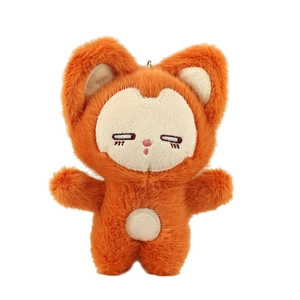 Cute orange plush fox keychain with soft fur, embroidered face and silver metal ring