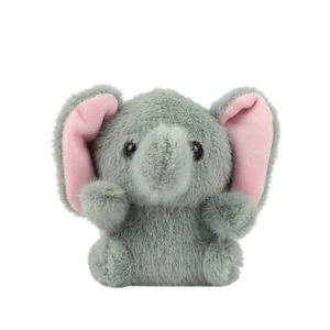 Cute gray plush elephant keychain with pink ears in a sitting position on a white background