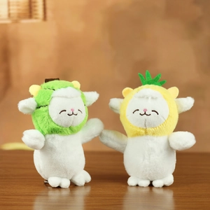 Cute fruit-themed sheep plush keychains with kiwi and pineapple hats in soft white fur