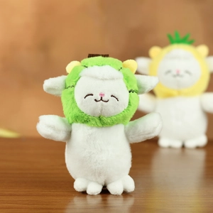 Close-up of kiwi plush sheep keychain with soft fur texture and embroidered face details
