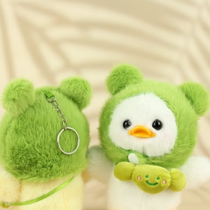 Detail of plush duck keychain featuring green frog hoodie and soft faux fur texture