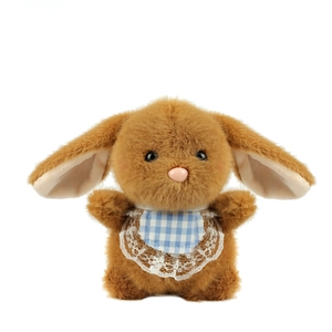 Cute brown plush rabbit keychain with blue plaid bib and white lace on white background
