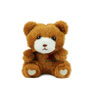 Cute brown plush teddy bear with red rose embroidery and white heart paw details
