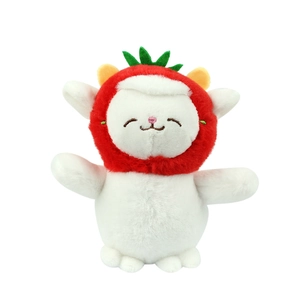 Cute plush white sheep doll wearing a red tomato fruit hat on a clean white background