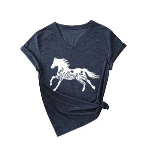 T-shirt da donna blu scuro con scollo a V e sagoma di cavallo bianco con motivi floreali