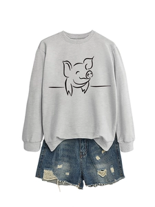 Detail of grey sweatshirt featuring minimalist pig line art with ribbed cuffs and hem
