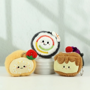 Cute plush cake dessert keychain set featuring Swiss roll and cherry cake pendants