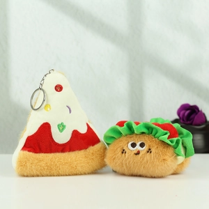 Cute plush food keychains featuring pizza and taco designs with fuzzy texture