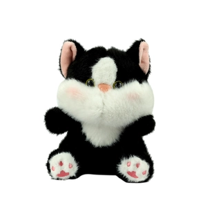 Cute black and white plush cat keychain pendant with soft fur and pink paw embroidery
