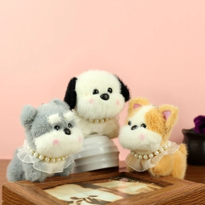 Mignon Porte-clés Chiot en Peluche Avec Collier de Künstliche Perles et Col en Dentelle Schnauzer Chien en Peluche Charme de Sac Poupée Porte-clés Cadeau Femme Fille