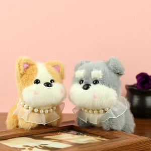 Porte-clés chiot Schnauzer en peluche avec colliers de perles et dentelle