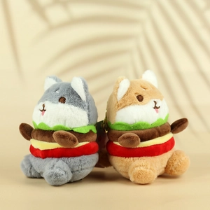 Cute burger-shaped plush dog keychains featuring husky and shiba inu characters