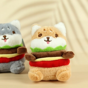 Macro view of cute shiba inu burger plush keychain with detailed embroidery
