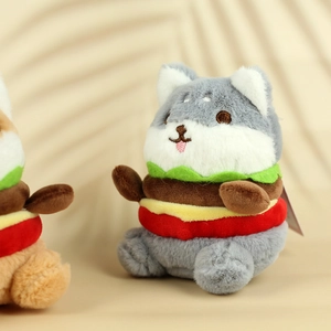 Detailed view of creative burger wolf plush pendant with soft layers and fine stitching
