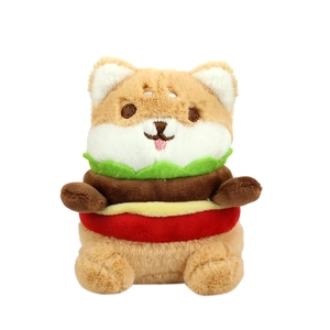 Cute Shiba Inu burger plush keychain with detailed embroidery on a soft 4-inch toy charm