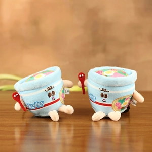 Cute plush seafood cup noodle keychain with embroidered expressions and spoon detail