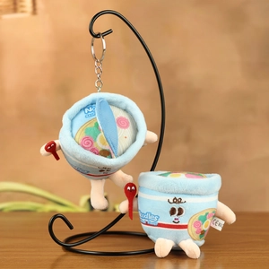 Creative Light Blue Plush Cup Noodle Keychain Pendant With Red Spoon Cartoon Seafood Flavor Soft Stuffed Toy Bag Ornament