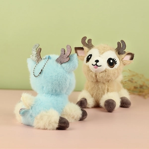 Detail of plush reindeer keychains with sequined antlers and soft long-fur texture