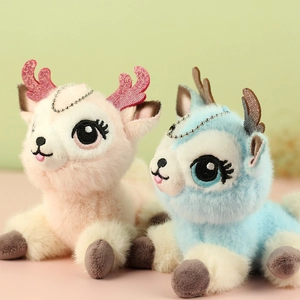 Detailed view of plush reindeer keychains in pink and blue with silver bead chains