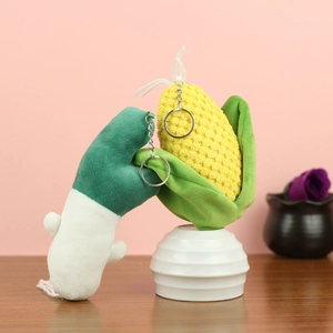 Cute plush vegetable keychain featuring realistic corn and green onion designs