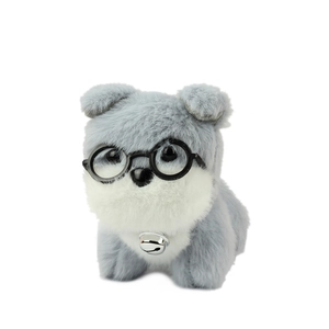 Porte-clés peluche chien Schnauzer avec lunettes et clochette sur fond blanc pur