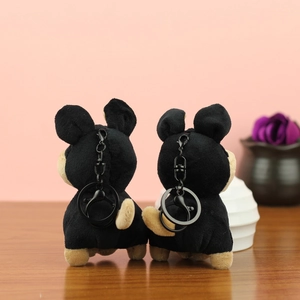 Porte-clés peluche chiot abeille noir et kaki avec fermoir en métal pour sacs