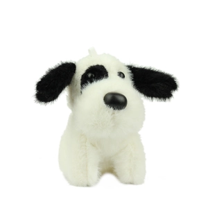 Cute spotted plush puppy charm with soft black and white fur for bags or keychains
