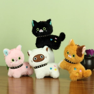 Cute Plush Cat Keychain Kawaii Stuffed Animal Pendant With Rivet Collar Heart Star Embroidery Bag Charm Soft Toy Gift