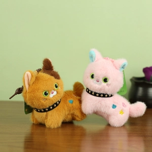 Cute plush cat keychains in orange and pink with heart embroidery and bell collars