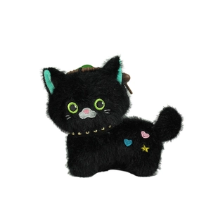 Cute black plush cat keychain with blue ears and colorful heart star embroidery