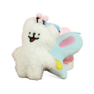 Cute plush puppy bee charm with blue wings and pink antennae for bags and keys