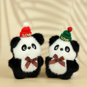 Set of two cute plush panda keychains with red knit hats and festive bow ties