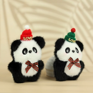 Plush panda keychains wearing festive knit hats with Love text and plaid bowties