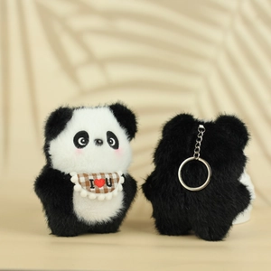 Front and back detail of panda plush keychain with I Love U scarf and metal ring