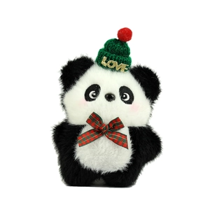 Cute panda plush keychain with green knit hat and festive red plaid bow tie decoration